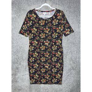 Lularoe Julia Short Sleeve Dress Womens Size LG Blue Yellow Red Floral Stretch‎